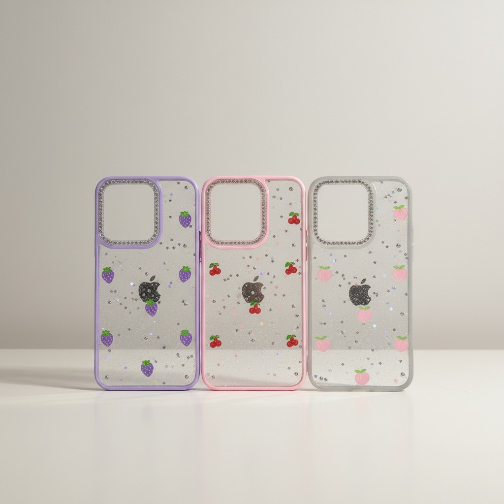 Funda transparente con diseño frutal y glitter
